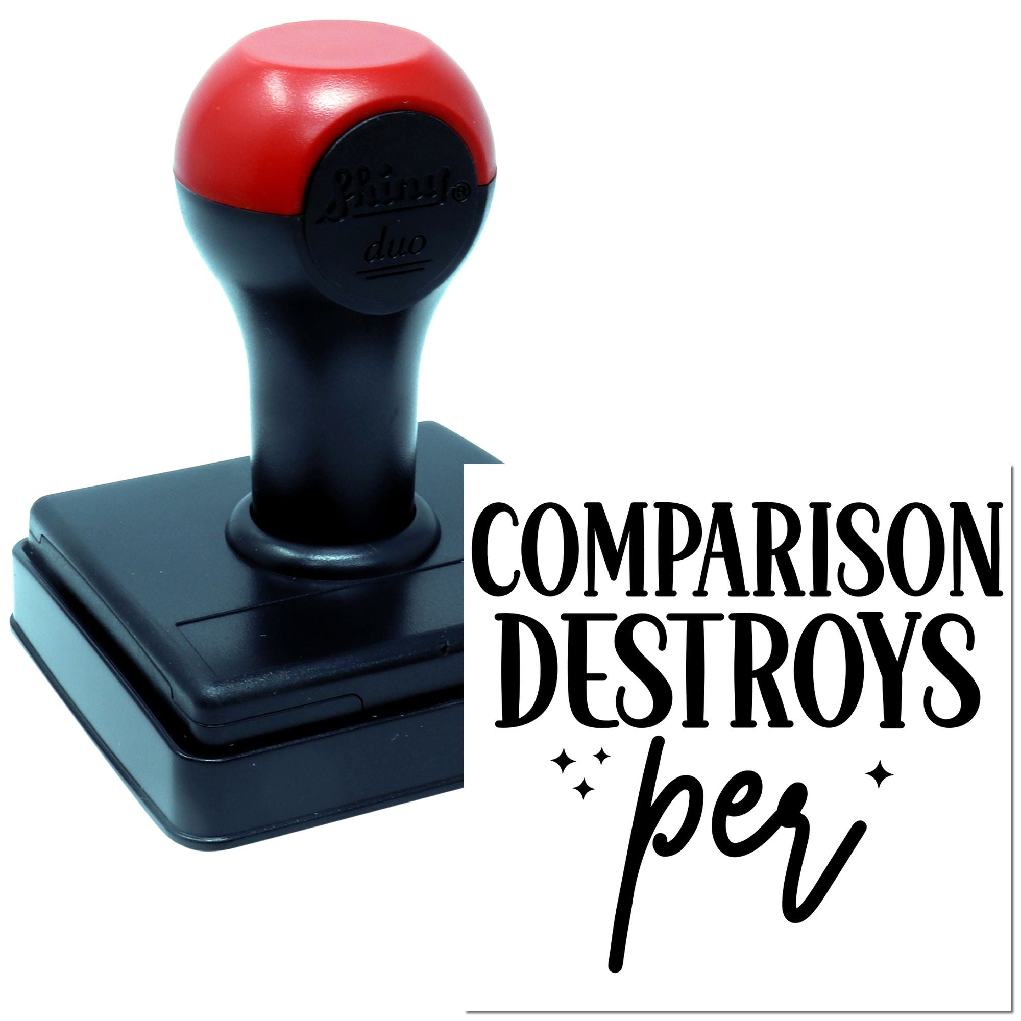 Self-inking rubber stamp comparison showing a custom office stamp for business, crafts, and everyday document marking.