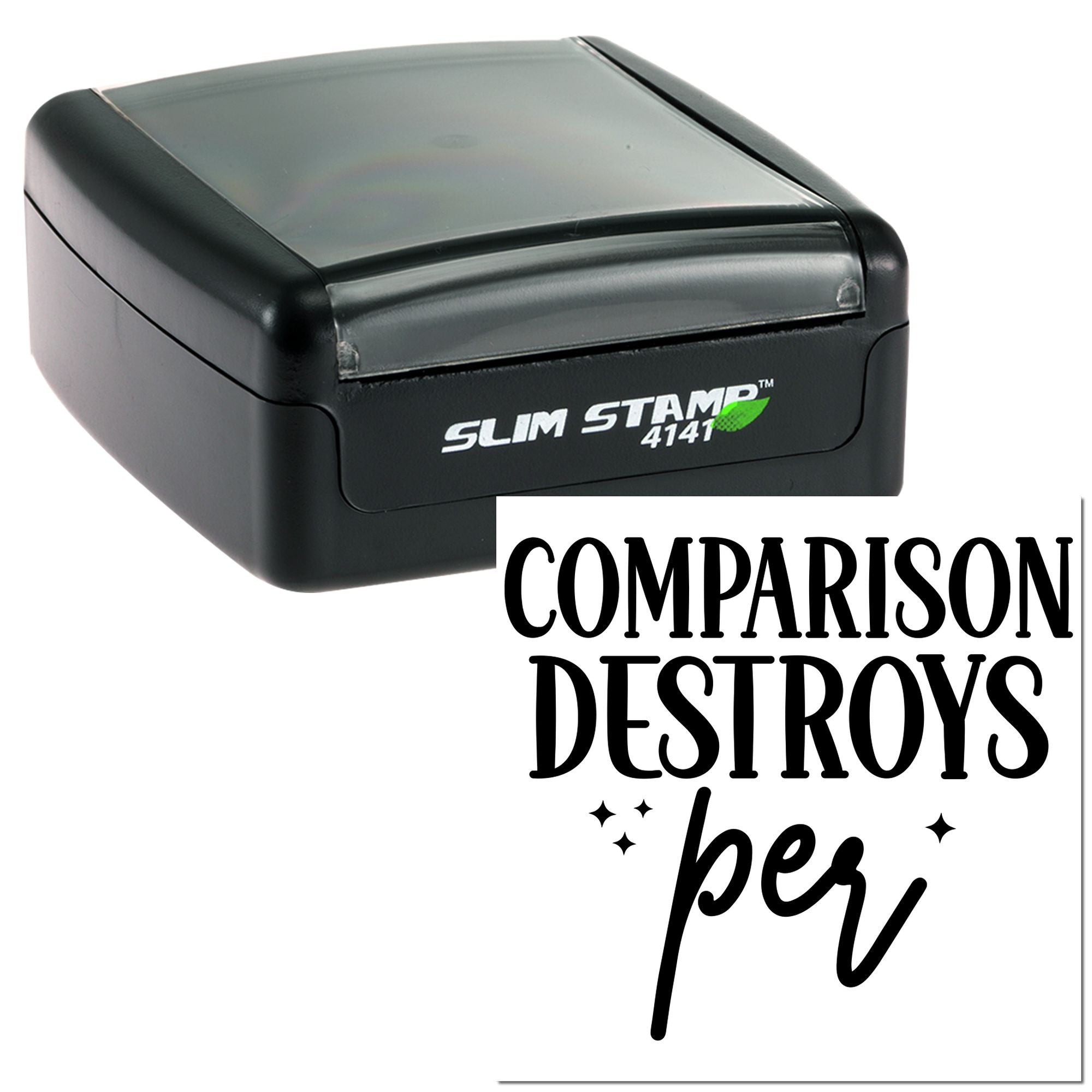 Slim Stamp 4141 self-inking rubber stamp comparison graphic showing compact size and durable design.