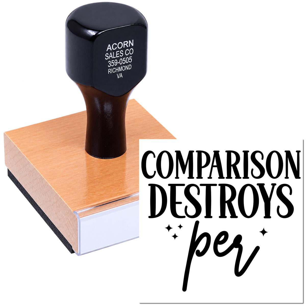 Custom rubber stamp with large wood handle for bold Comparison Destroys marking.