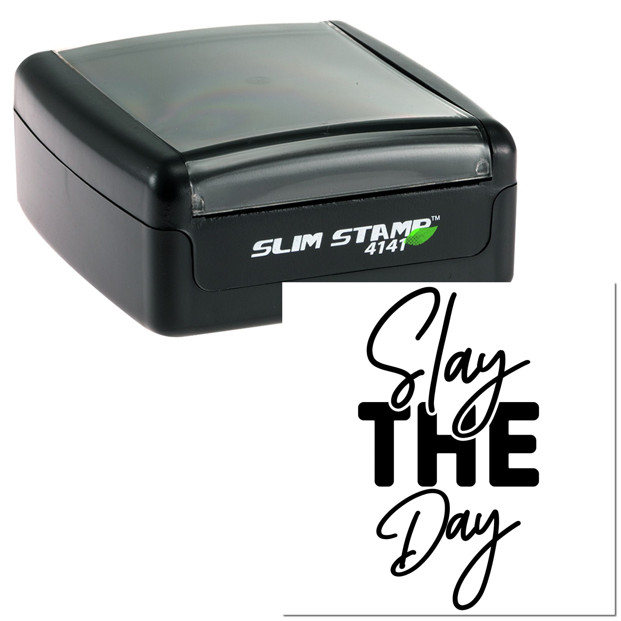 Slim self-inking rubber stamp with Stay the Day custom imprint for fast, clear office or craft stamping.