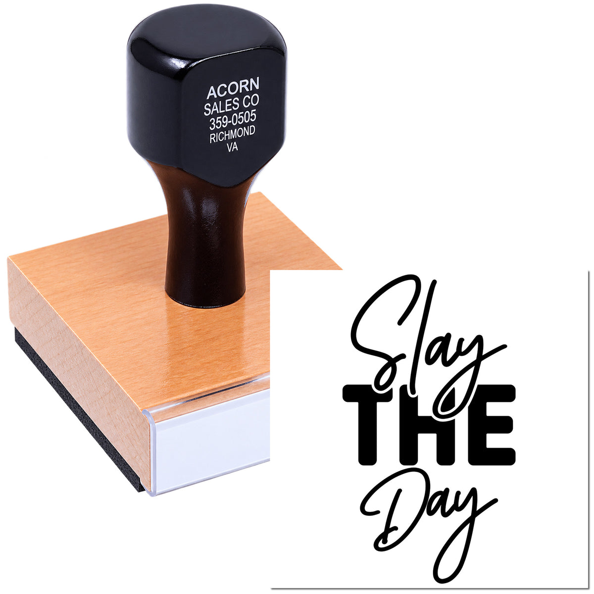 Custom rubber stamp impression reading Slay the Day for planners, packaging, and craft branding.
