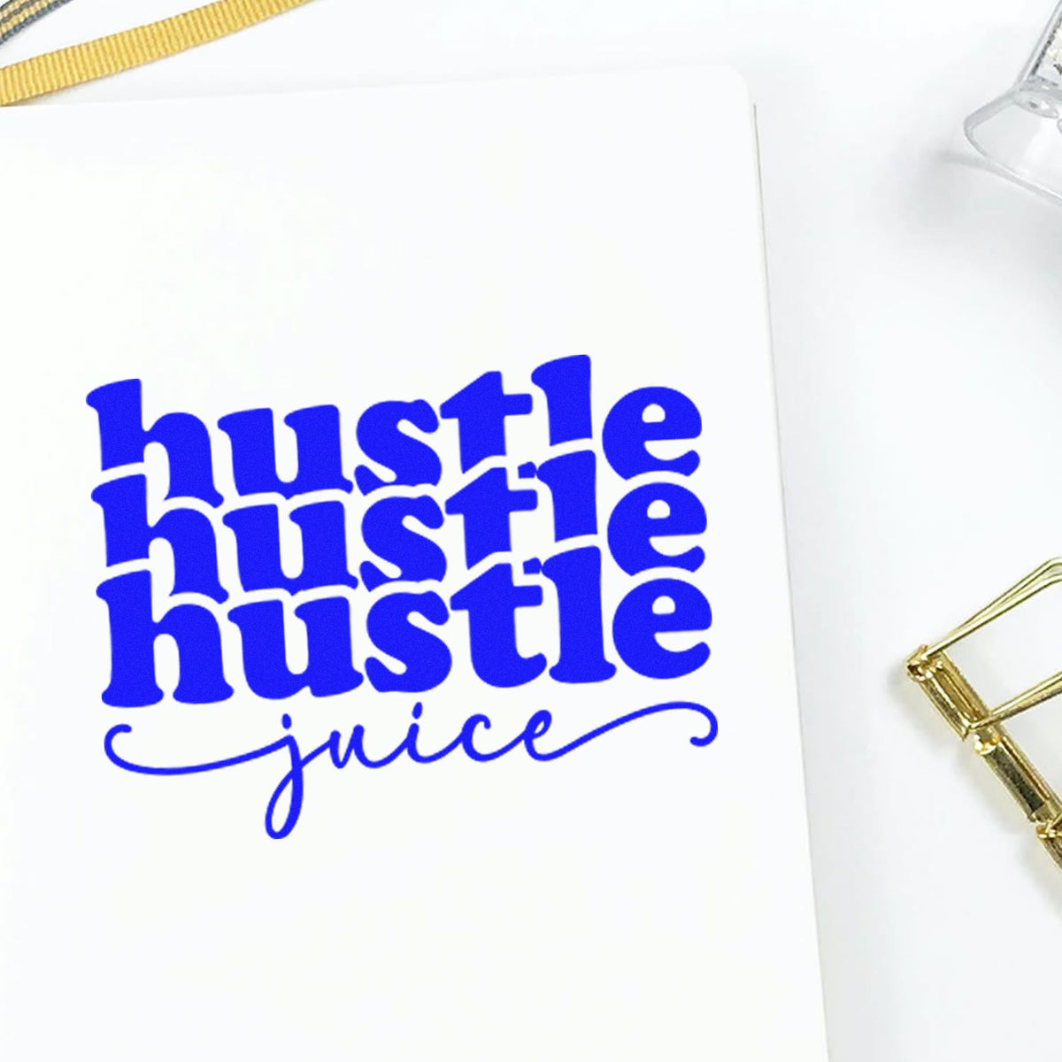 Hustle Juice Repeated Lettering rubber stamp shown in blue ink, stamped for projects such as roast album page.