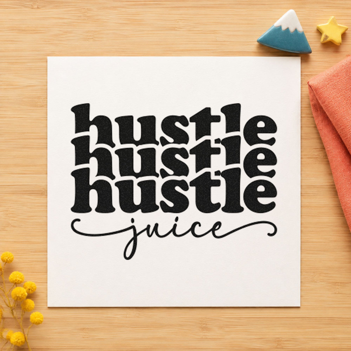 Hustle Juice Repeated Lettering craft stamp imprint in black ink on a handmade project, one idea being roast bag gift tags.