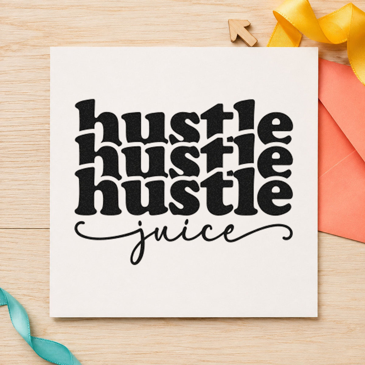 Hustle Juice Repeated Lettering rubber stamp printed in black ink, ready for profile log sheet and similar paper crafts.