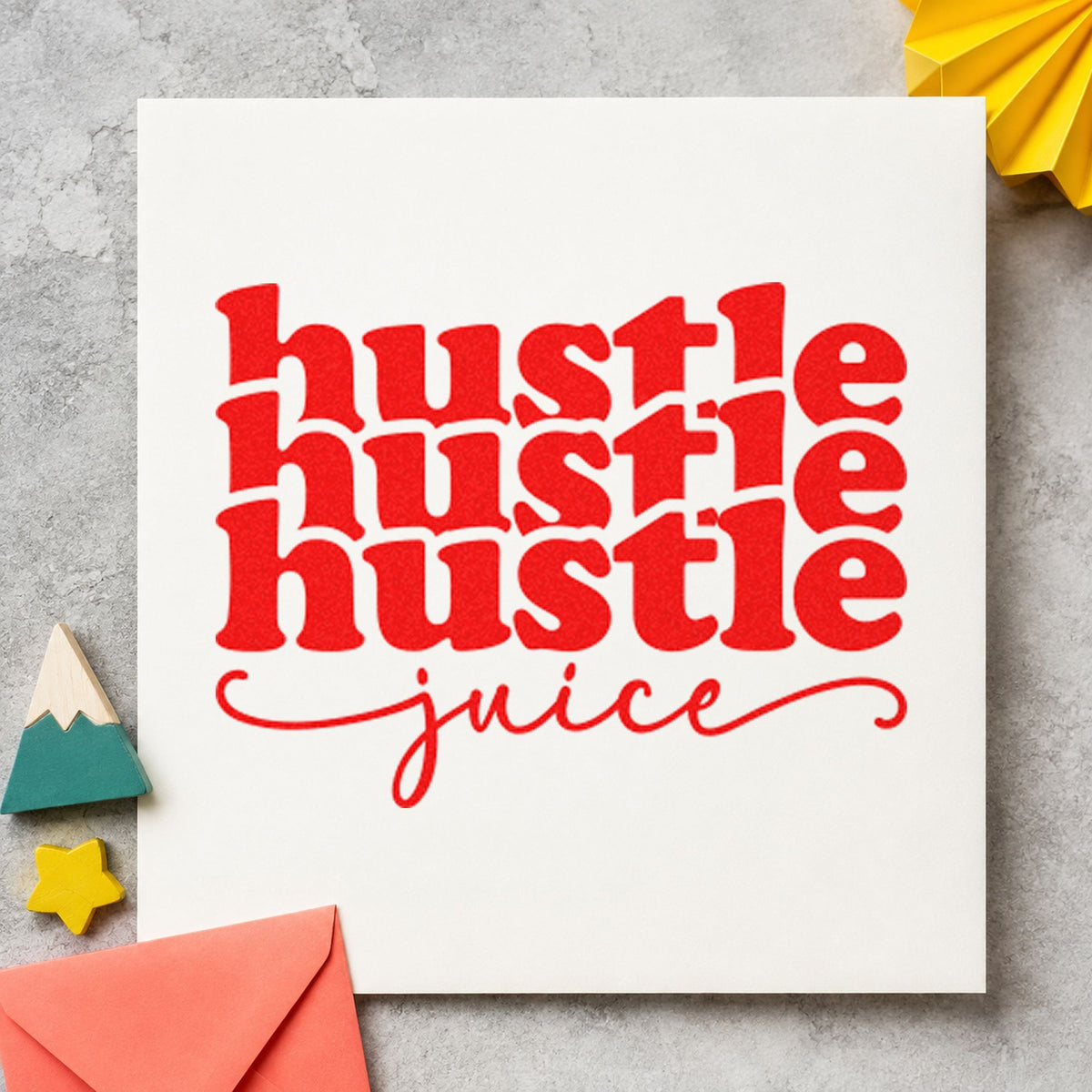 Hustle Juice Repeated Lettering rubber stamp shown in red ink, stamped for projects such as bin origin labels.