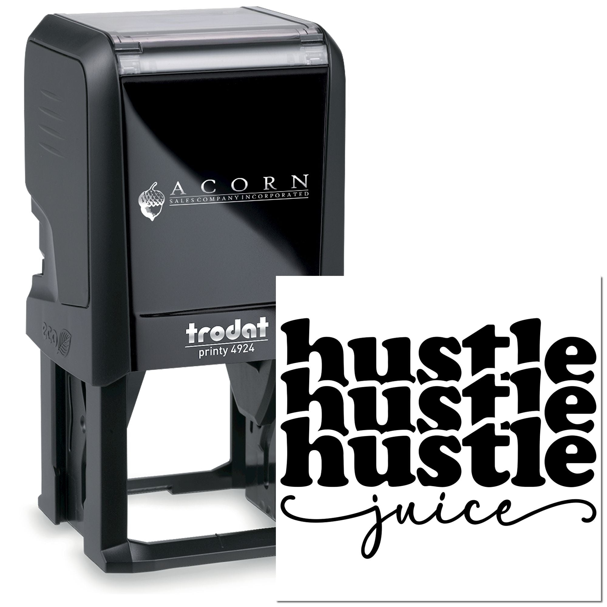 Custom self-inking rubber stamp with logo and Hustle Juice design for business branding, made with Trodat Printy 4924.