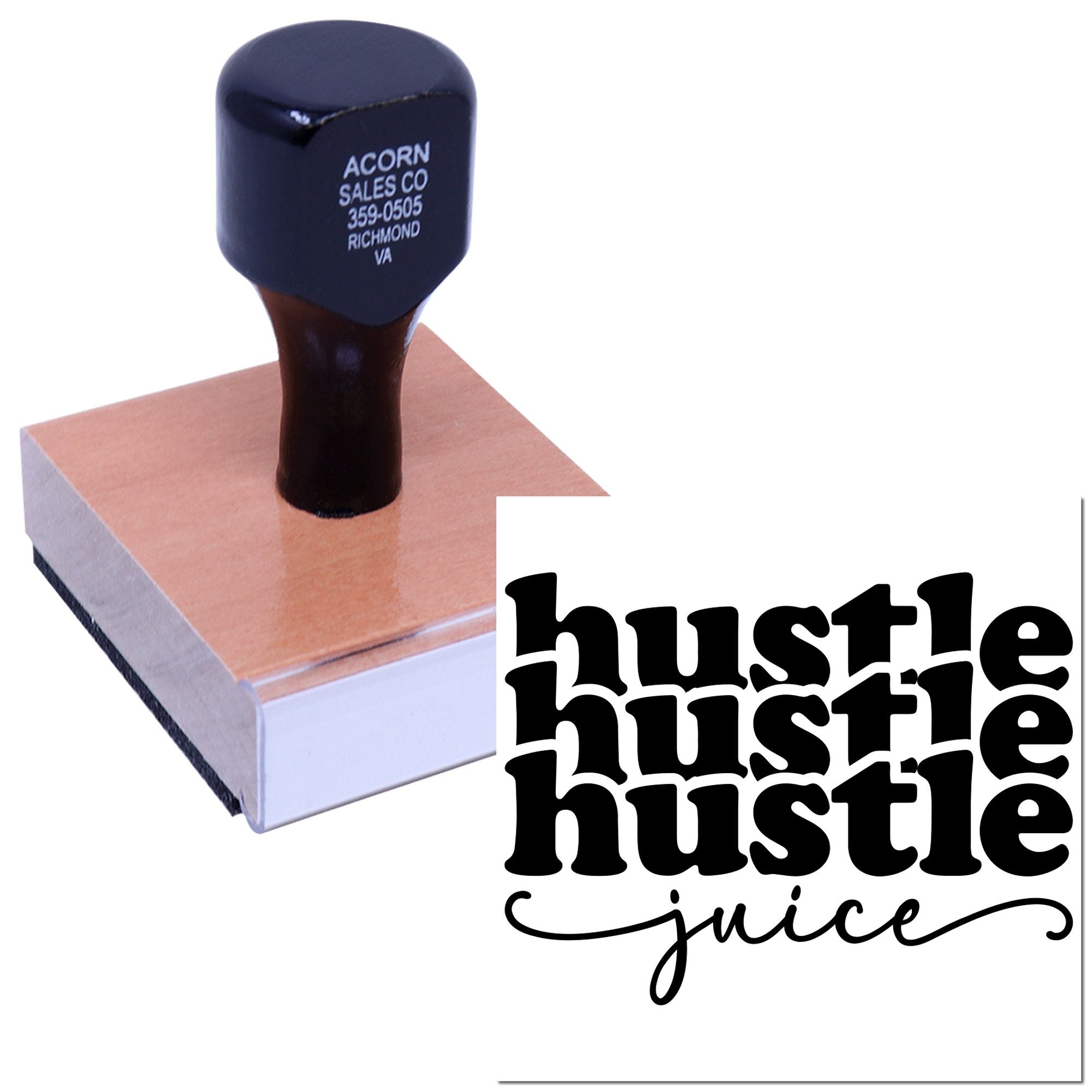 Custom rubber stamp with Hustle Juice logo for branded packaging, labels, and business marketing.