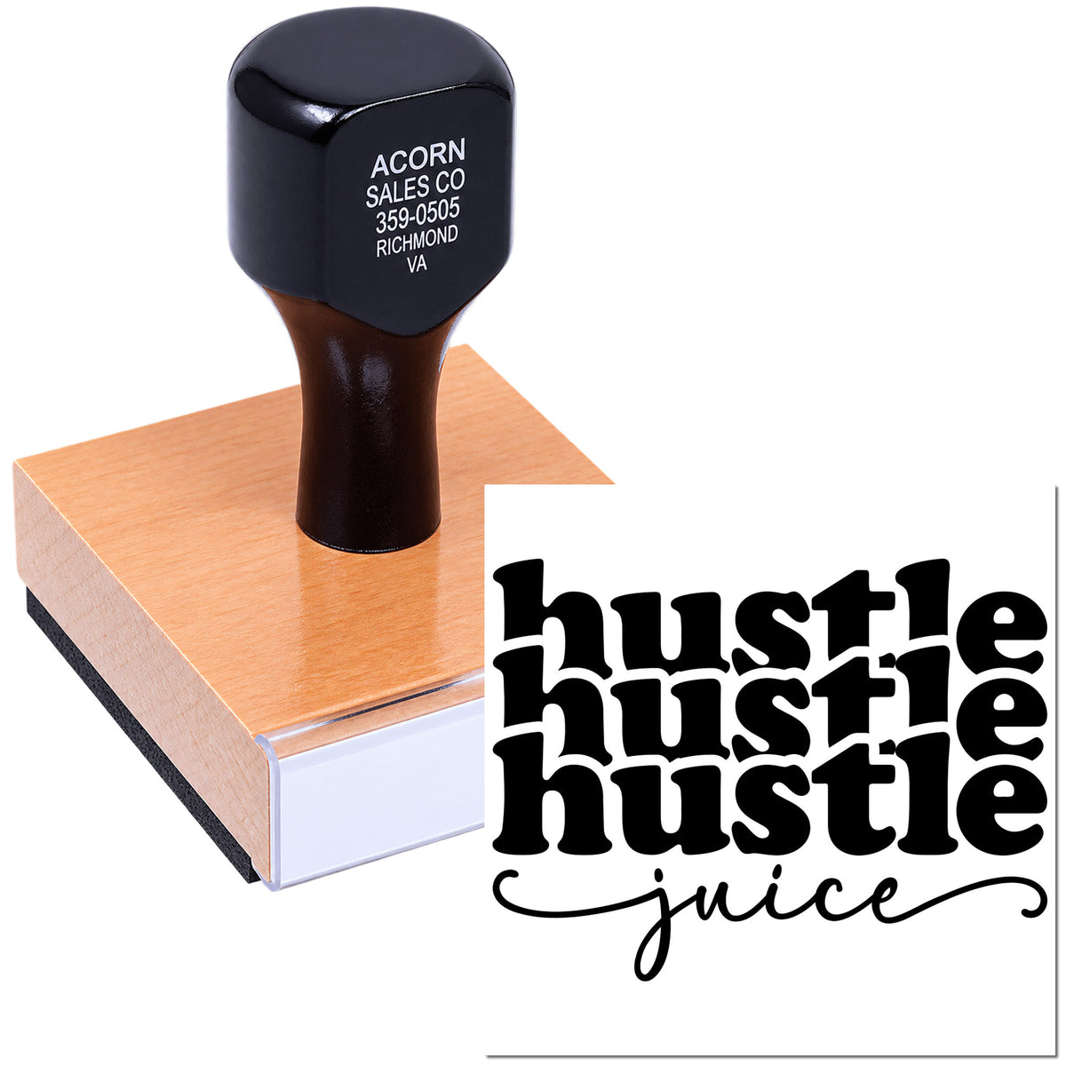 Custom rubber stamp with Hustle Juice logo for branded packaging, labels, and business marketing.