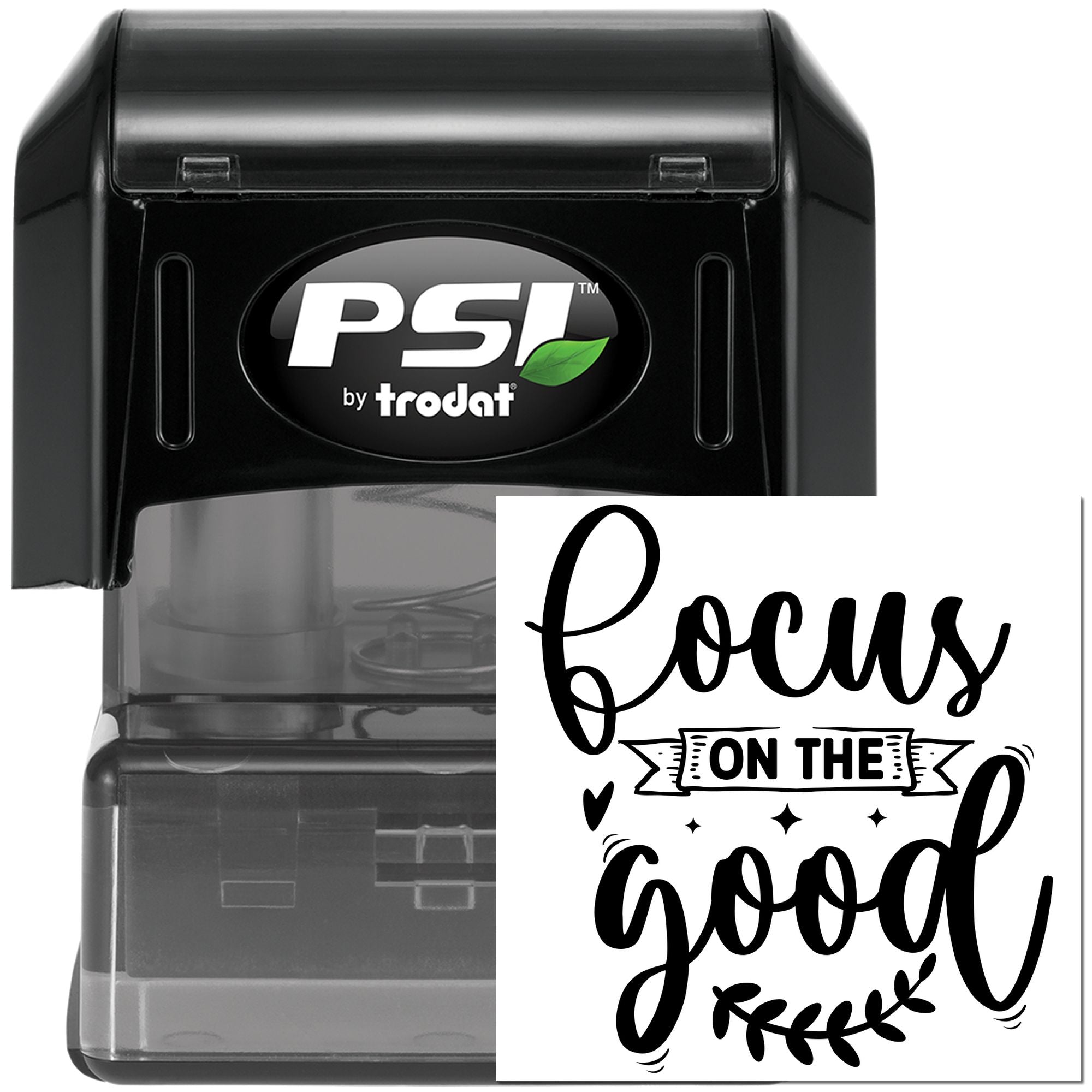 Self-inking rubber stamp with Focus on the Good motivational design for planners, crafts, and packaging.
