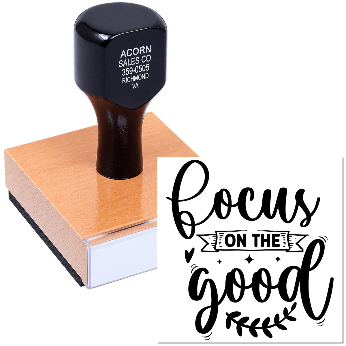 Custom rubber stamp with focus on the good design for crafting, packaging, and motivational branding
