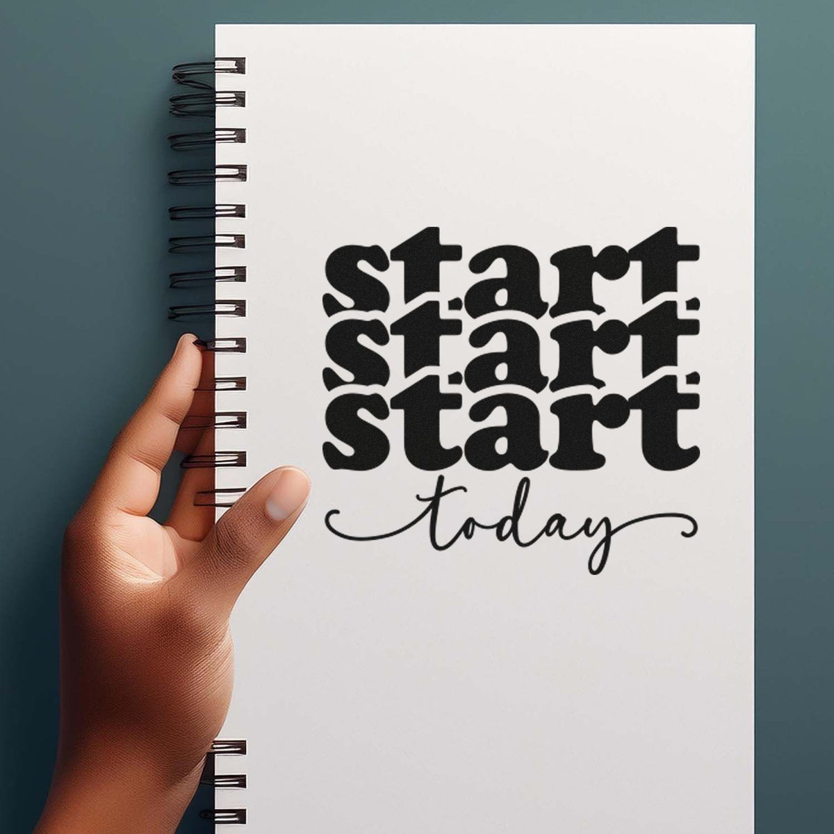 Premium Wooden Start Today Repeated Word Art Stamp - Vintage Pro imprint stamped in black ink. The word "start" repeats in three bold rows above a flourished script "today."