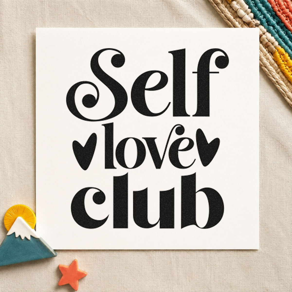 Self Love Club Hearts rubber stamp printed in black ink, ready for evening plan sheet and similar paper crafts.