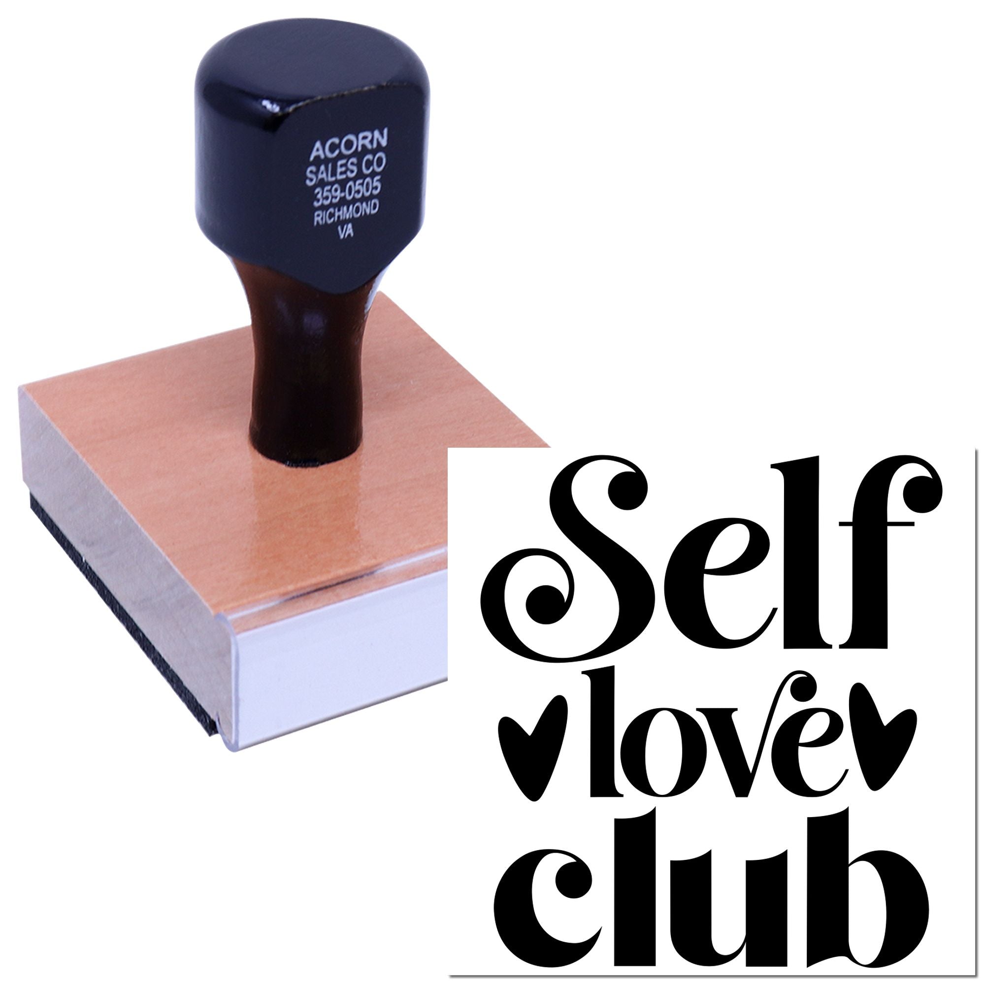 Custom rubber stamp for Self Love Club design, ideal for personalized crafting, packaging, and branding.