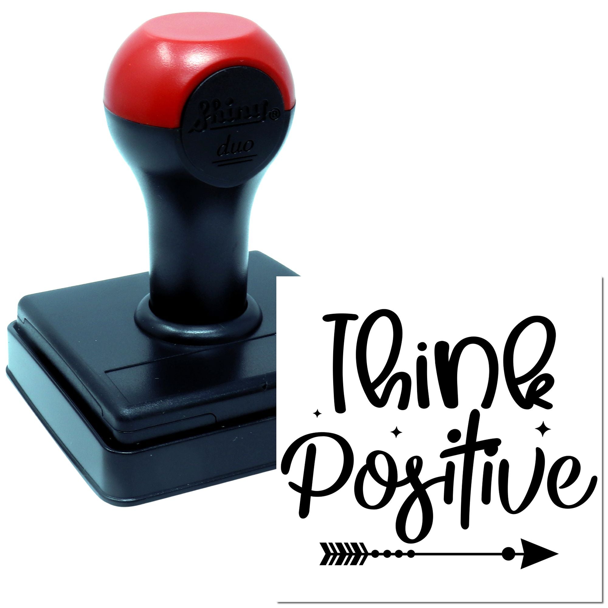 Custom self-inking rubber stamp with Think Positive inspirational design and arrow graphic.