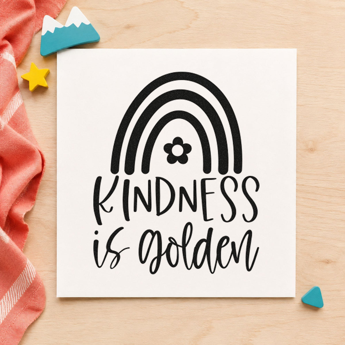 Kindness Is Golden Rainbow craft stamp in black ink on cardstock, an easy option for corner album page.