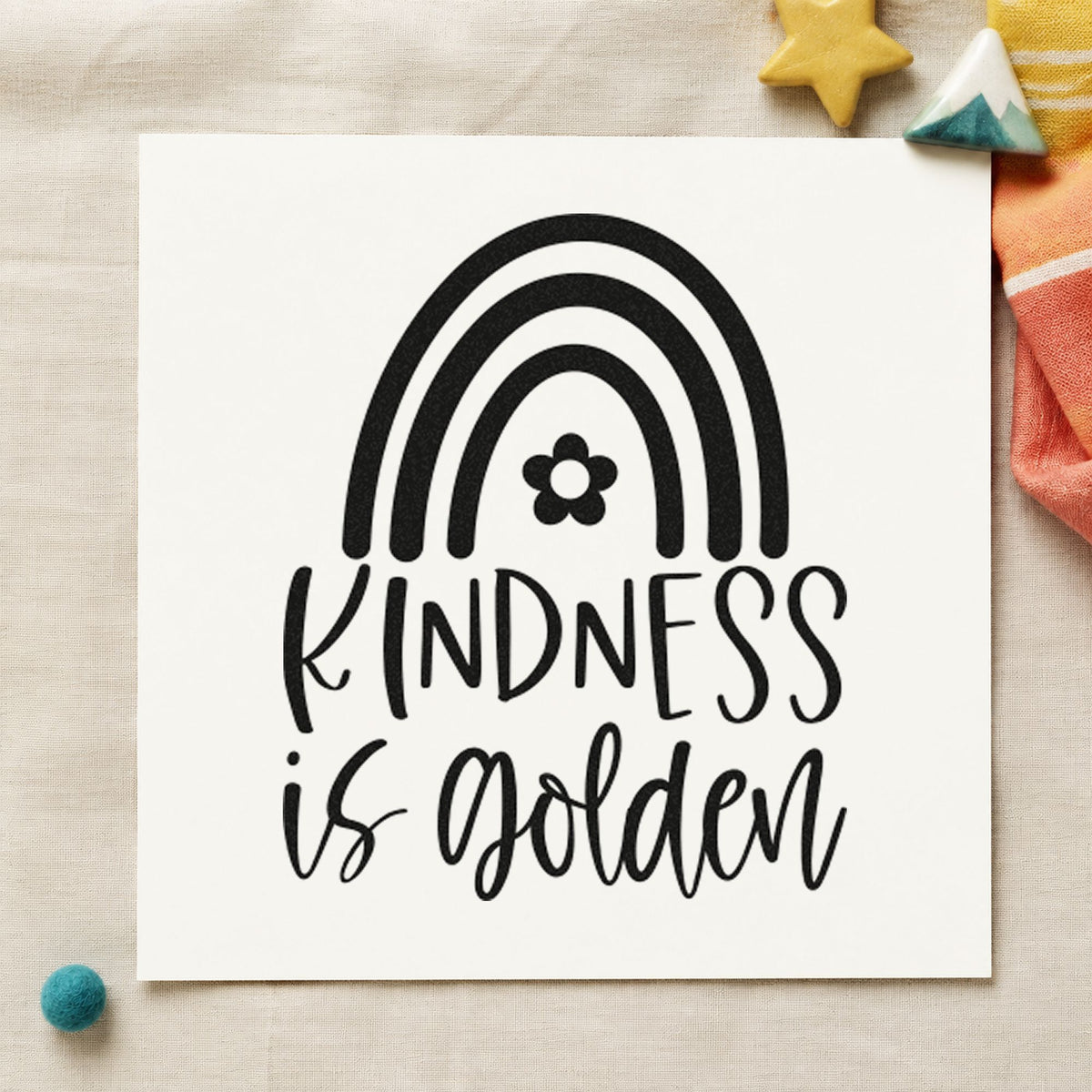 Kindness Is Golden Rainbow rubber stamp printed in black ink, ready for duty rota sheet and similar paper crafts.