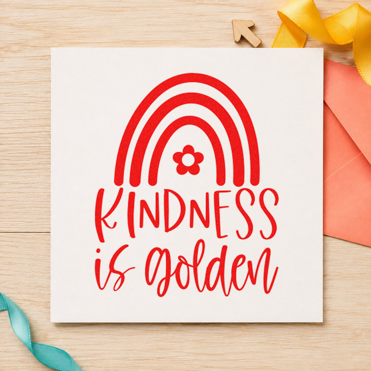 Kindness Is Golden Rainbow rubber stamp shown in red ink, stamped for projects such as bin sign labels.