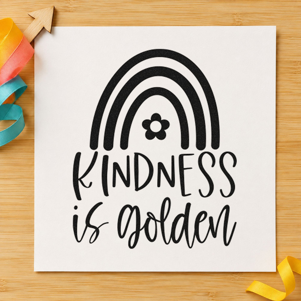 Kindness Is Golden Rainbow rubber stamp printed in black ink, ready for flower arc cards and similar paper crafts.