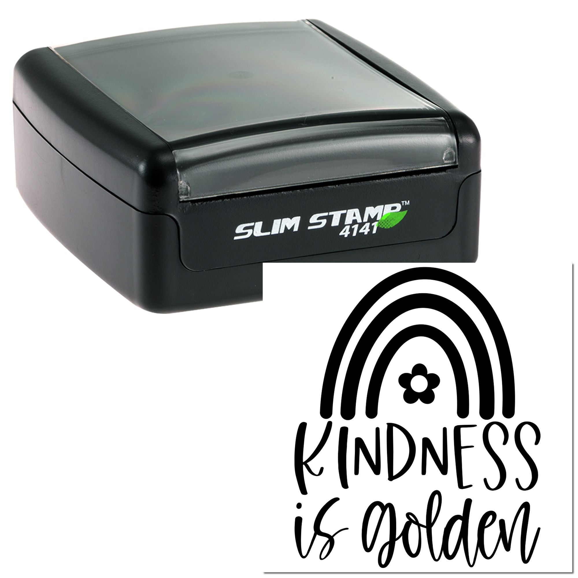 Self-inking Slim Stamp with Kindness is Golden rainbow design for cards, crafts, and custom rubber stamping.