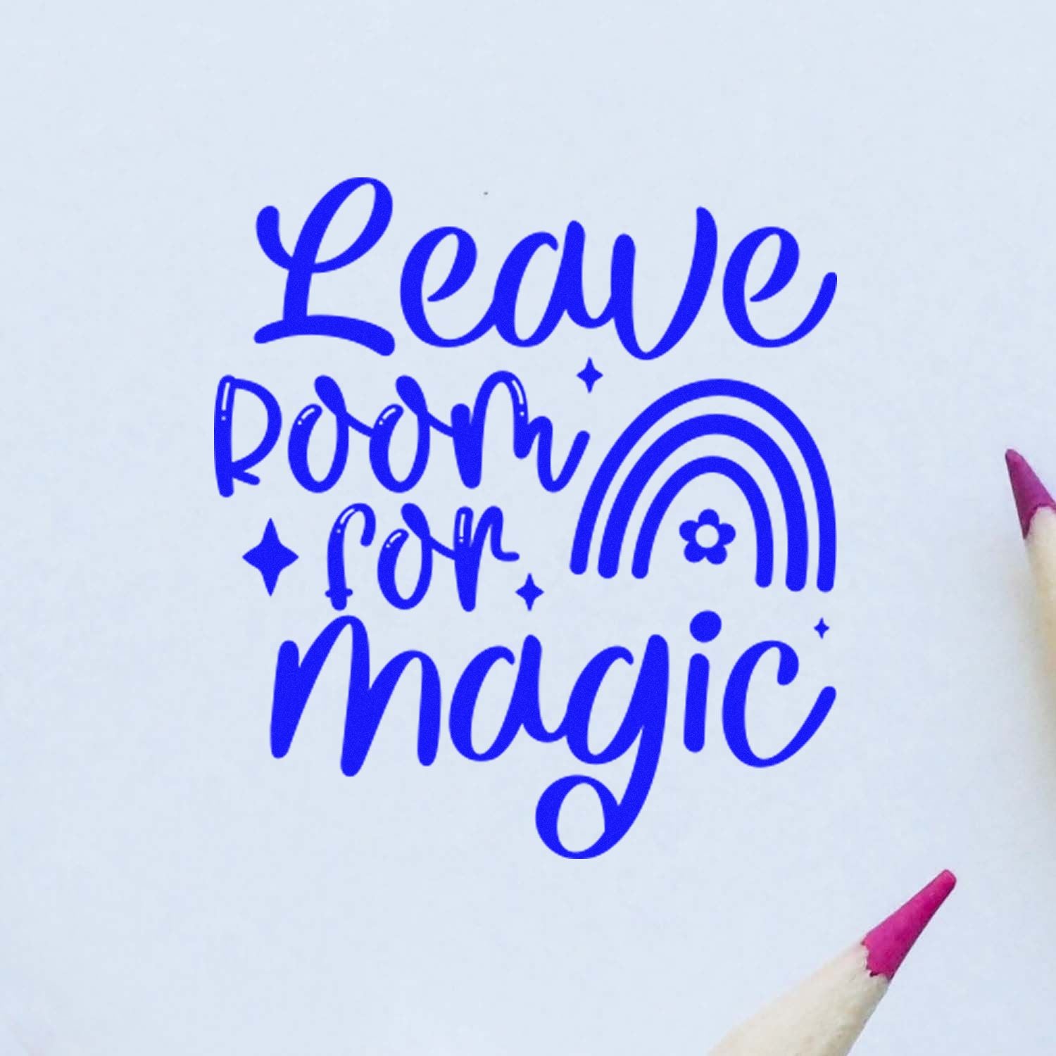 Leave Room for Magic rubber stamp design with rainbow and stars for uplifting planner and craft projects.