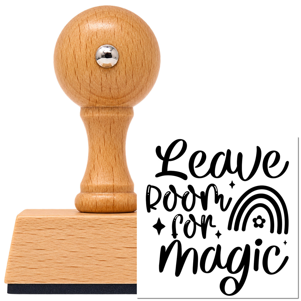 Leave Room For Magic Rainbow Vintage Pro rubber stamp in European beech wood with a round knob handle, shown beside its black imprint.