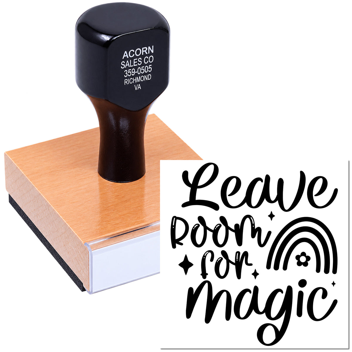 Custom rubber stamp with Leave Room for Magic design on wooden stamp block, ideal for crafts, branding, and gift packaging
