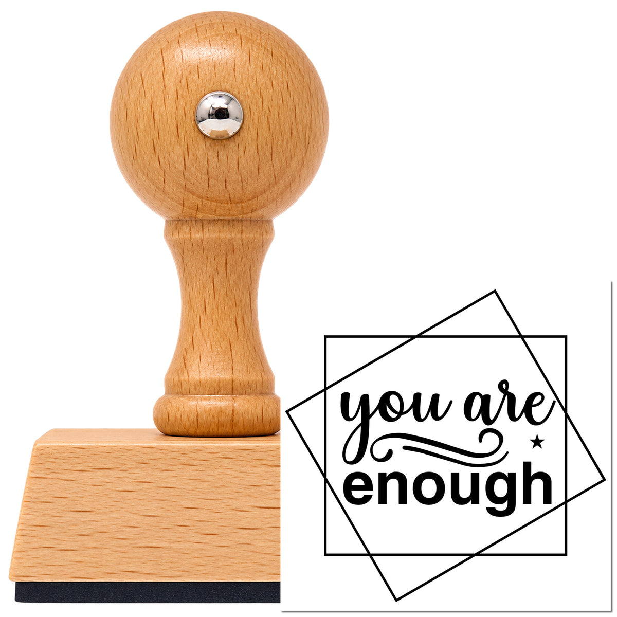 You Are Enough Overlapping Squares With Sparkles Vintage Pro rubber stamp in European beech wood with a round knob handle, shown beside its black imprint.