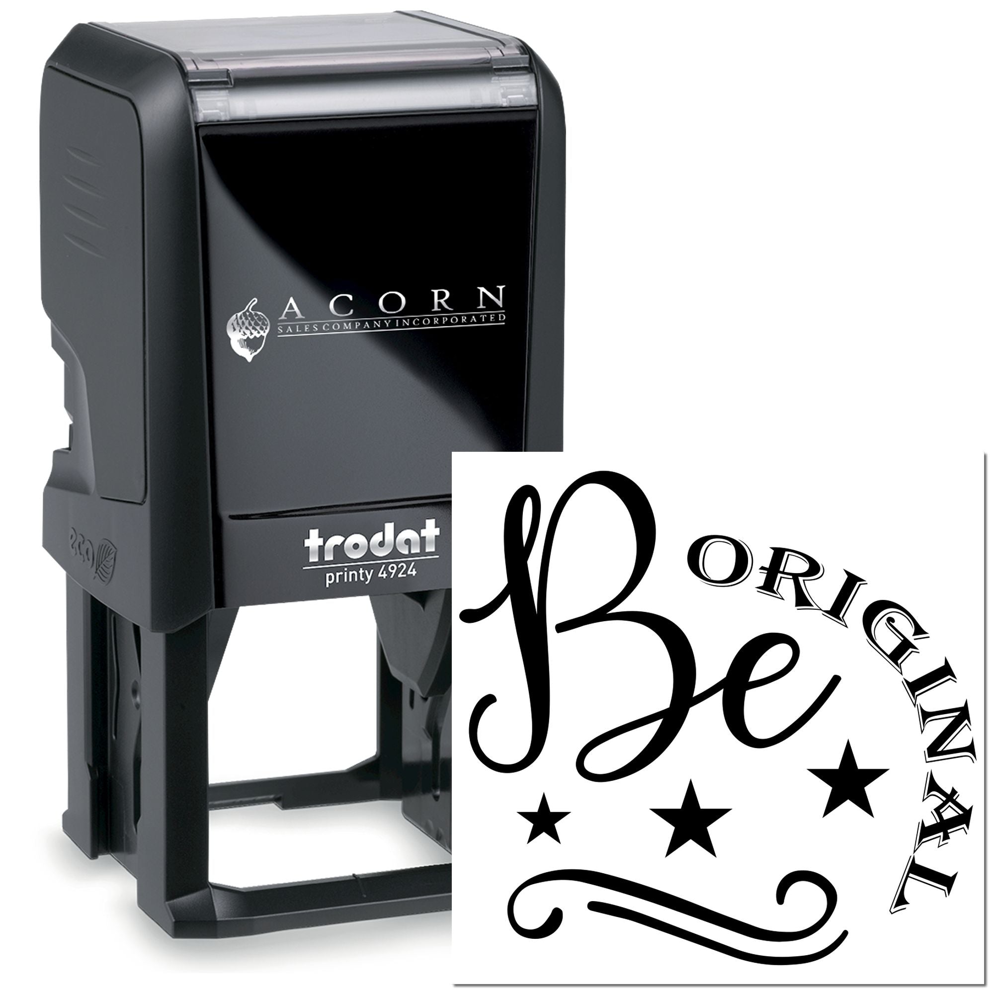 Custom self-inking rubber stamp with decorative name design and logo, shown on a Trodat Printy 4924 stamp body.