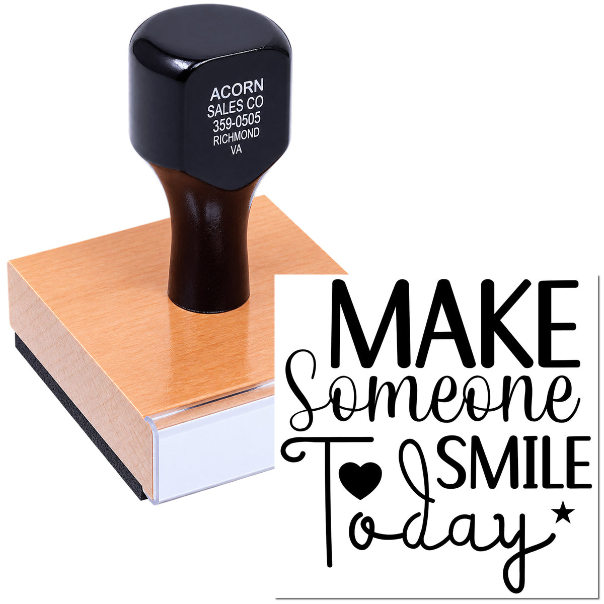 Custom rubber stamp with Make Someone Smile Today design and sample business imprint for personalized stamping.