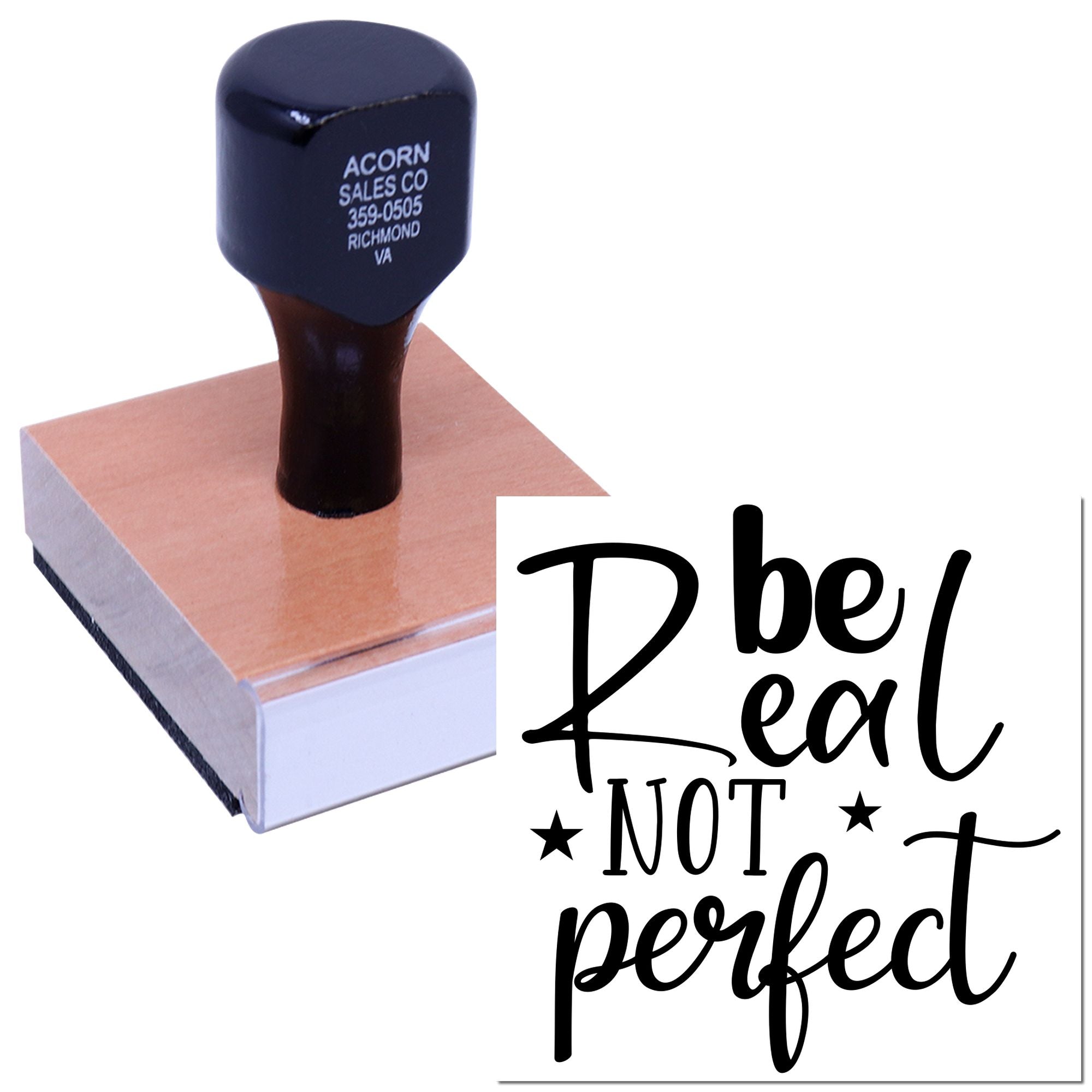 Custom rubber stamp with Do be real, not perfect quote for motivational branding and handmade packaging.