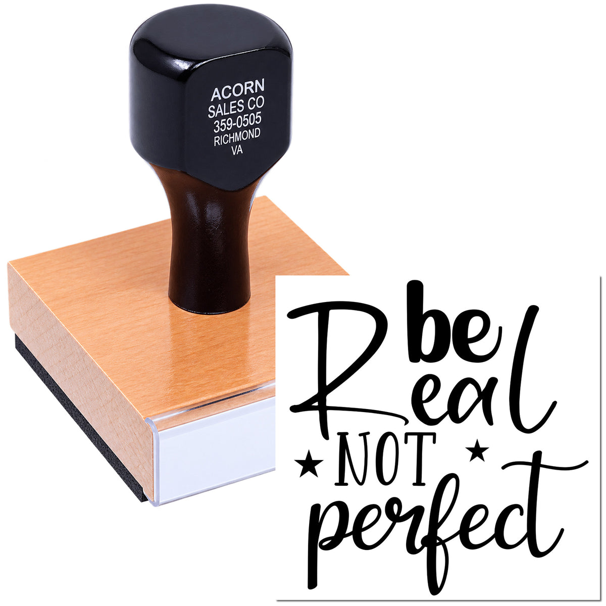 Custom rubber stamp with Do be real, not perfect quote for motivational branding and handmade packaging.
