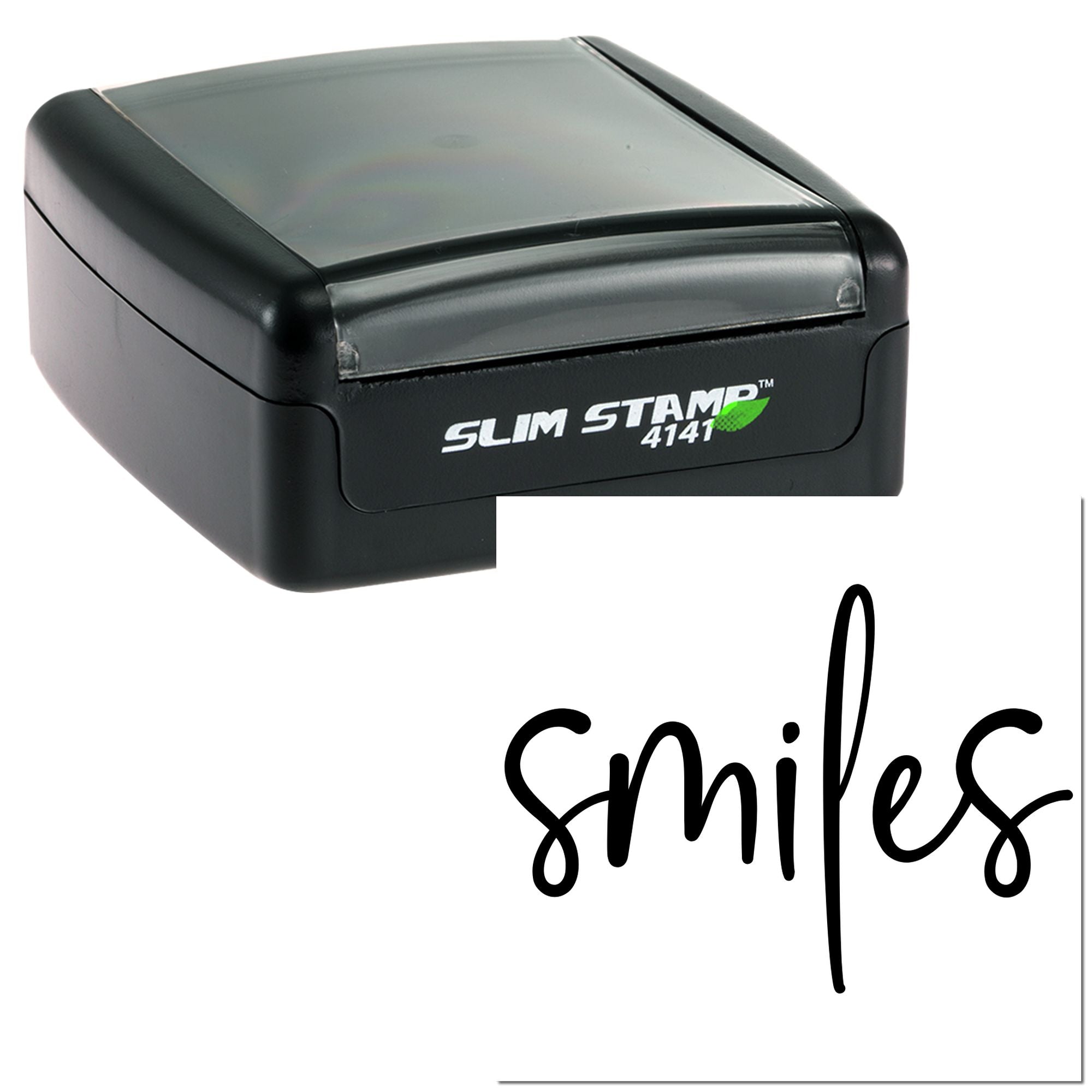Slim Stamp 4141 self-inking rubber stamp with Smiles script imprint for custom branding and messaging.