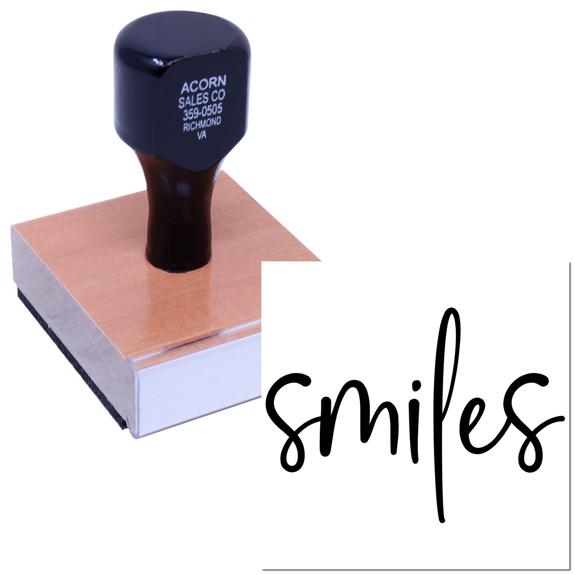 Custom rubber stamp imprinting Smiles in script for business branding, stationery, and personalized packaging.