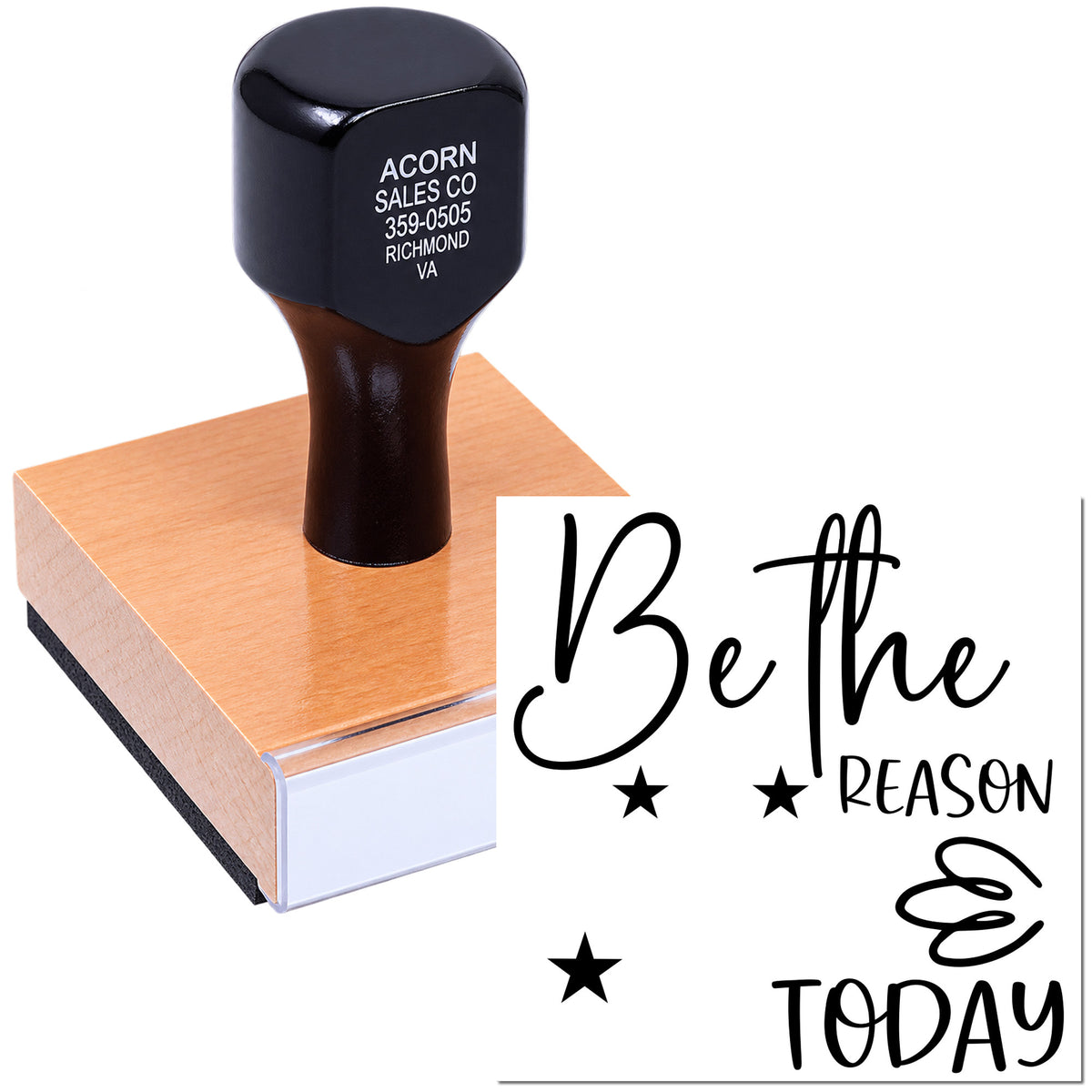 Personalized rubber stamp with wooden handle, featuring Be the Reason Someone Smiles Today motivational design.