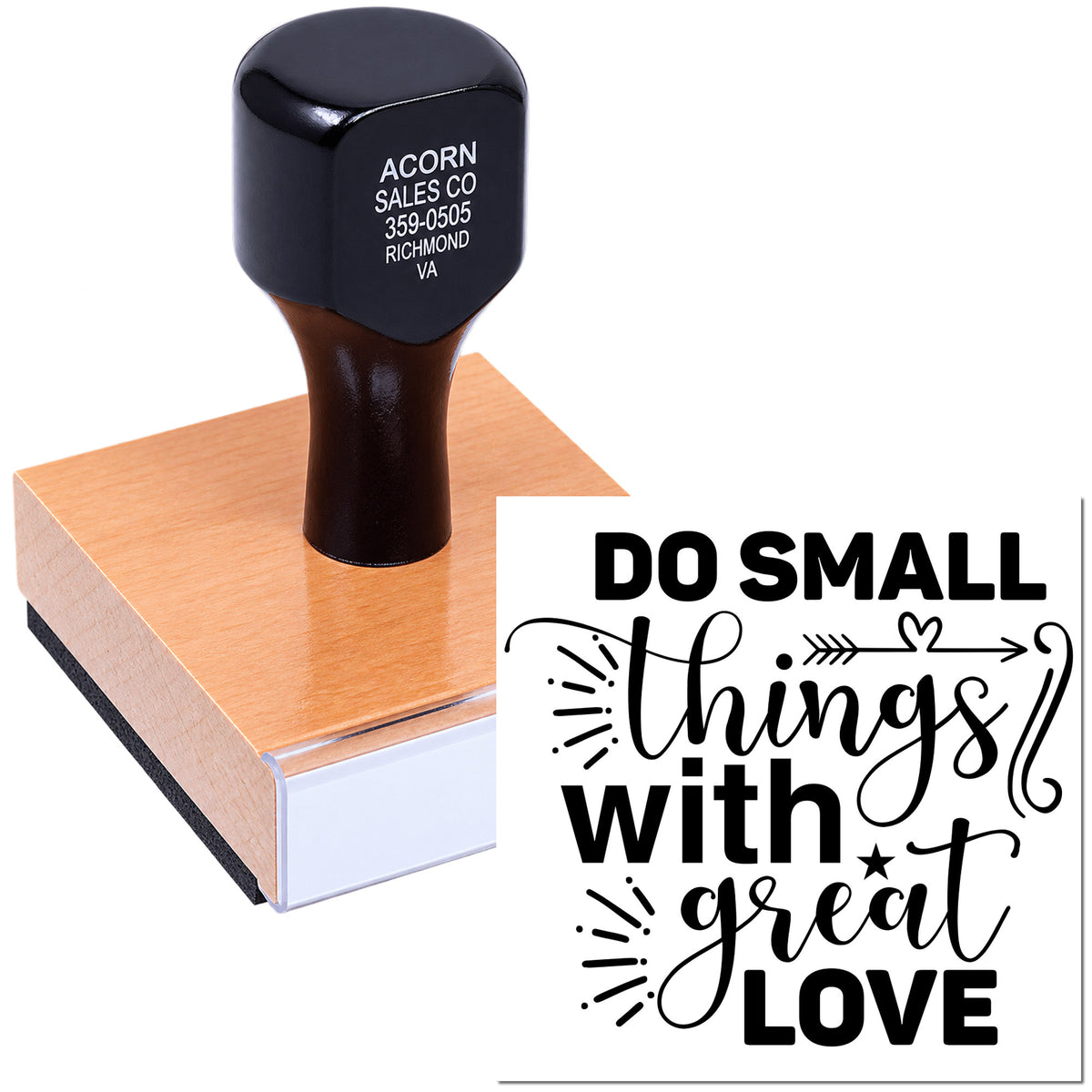 Custom rubber stamp on wooden block with Do small things with great love inspirational design.