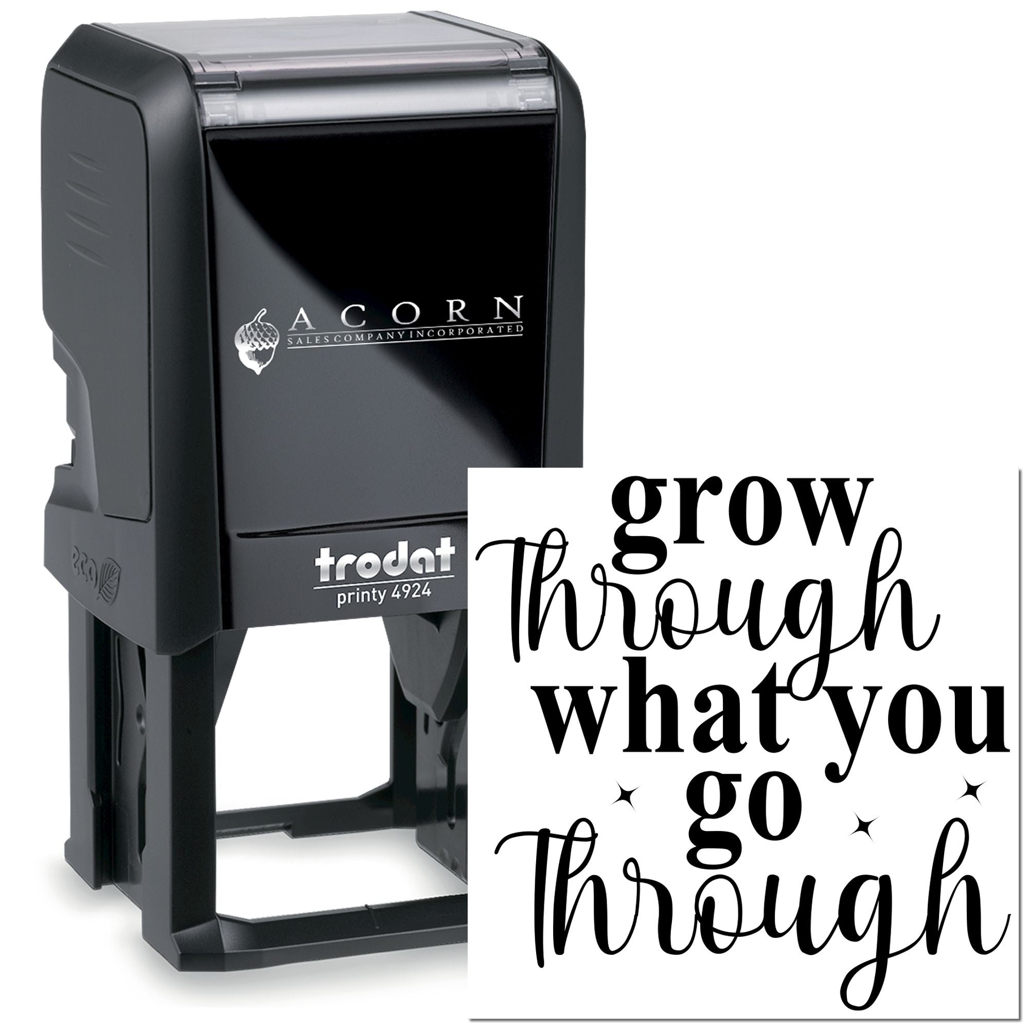 Custom self-inking rubber stamp with motivational quote grow through what you go through for branding, crafts, and packaging.