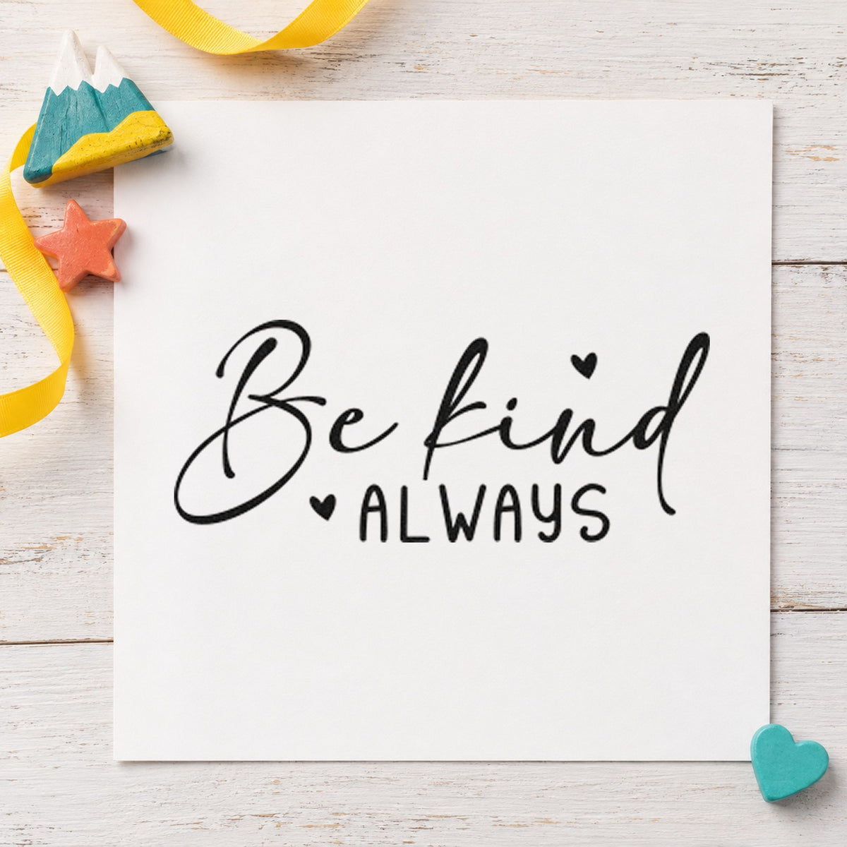 Be Kind Always Heart craft stamp in black ink on cardstock, an easy option for box year album page.