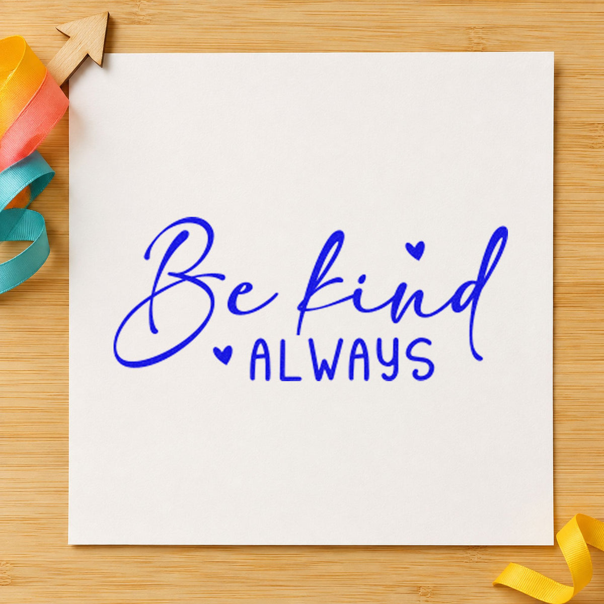 Be Kind Always Heart craft stamp in blue ink on cardstock, an easy option for book bag printing.