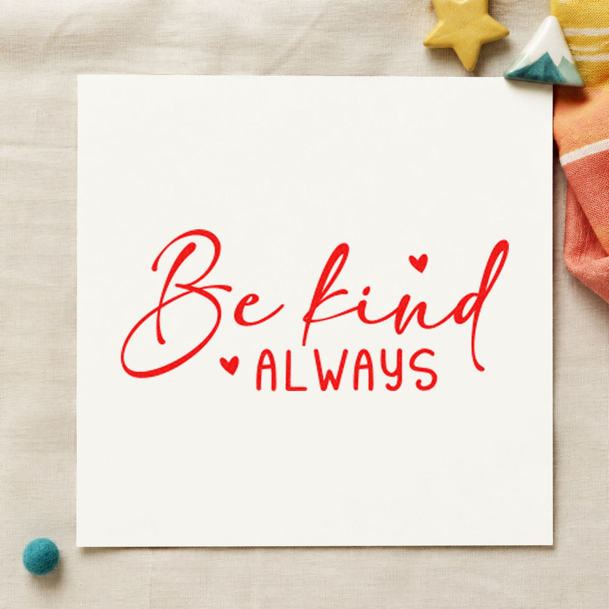 Be Kind Always Heart craft stamp imprint in red ink on a handmade project, one idea being reader note cards.