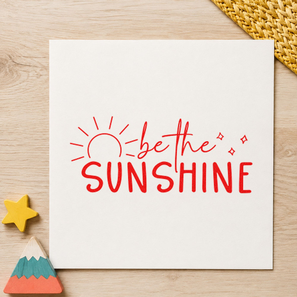 Be The Sunshine Sunrise craft stamp imprint in red ink on a handmade project, one idea being price list cards.