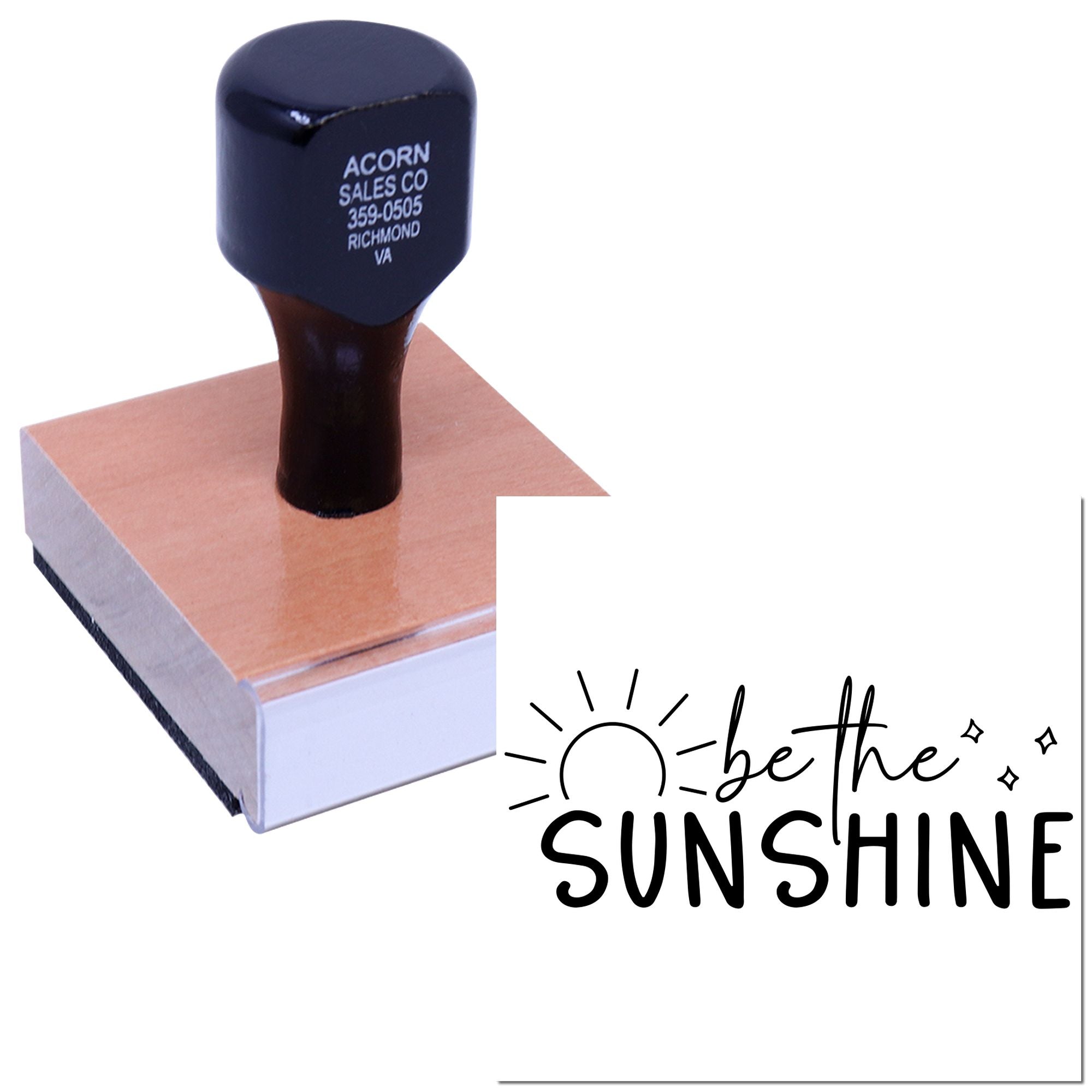 Custom rubber stamp with be the SUNSHINE design and sun icon for uplifting stationery, packaging, and craft projects.