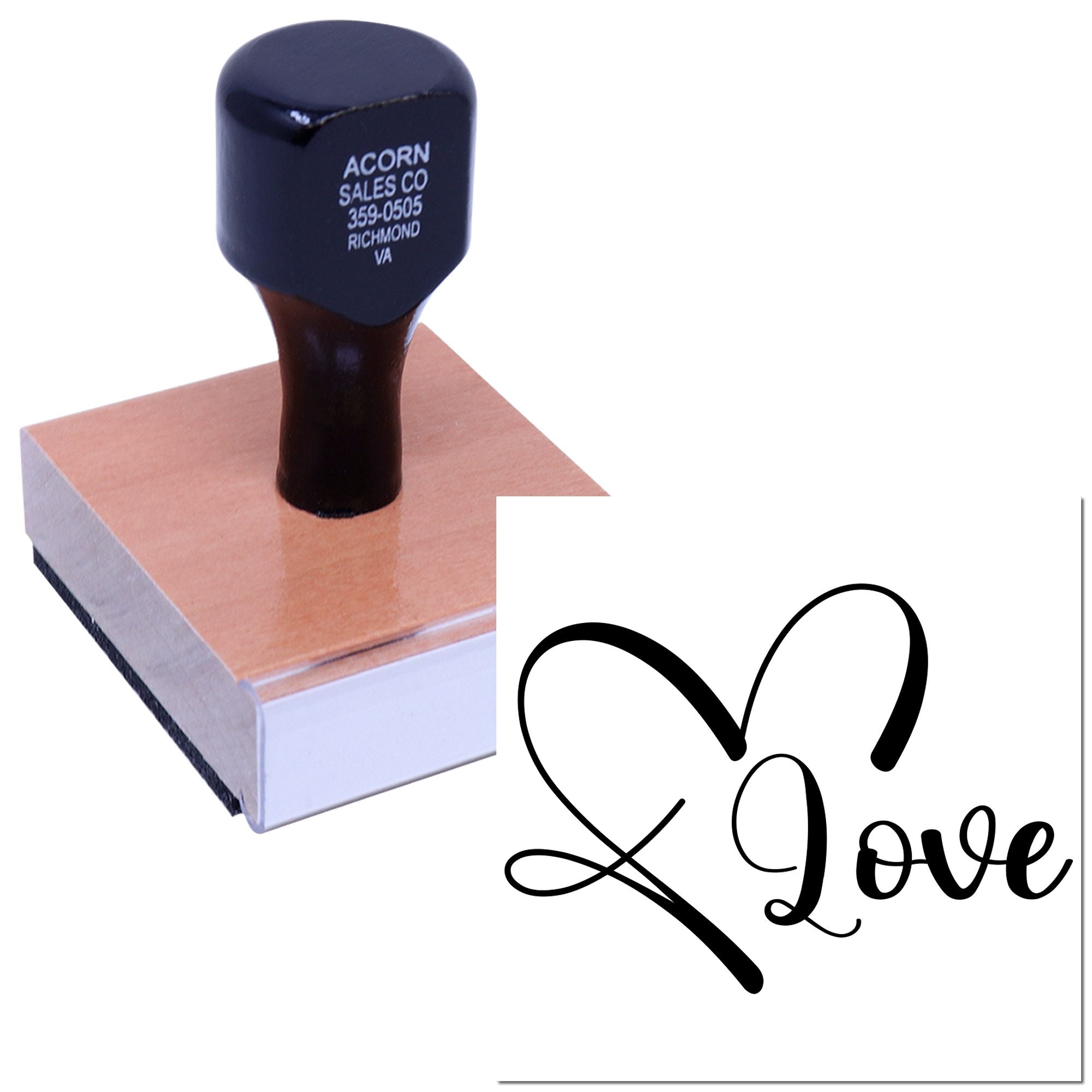 Self-inking rubber stamp with heart and Love design for wedding favors, crafts, and gift packaging.