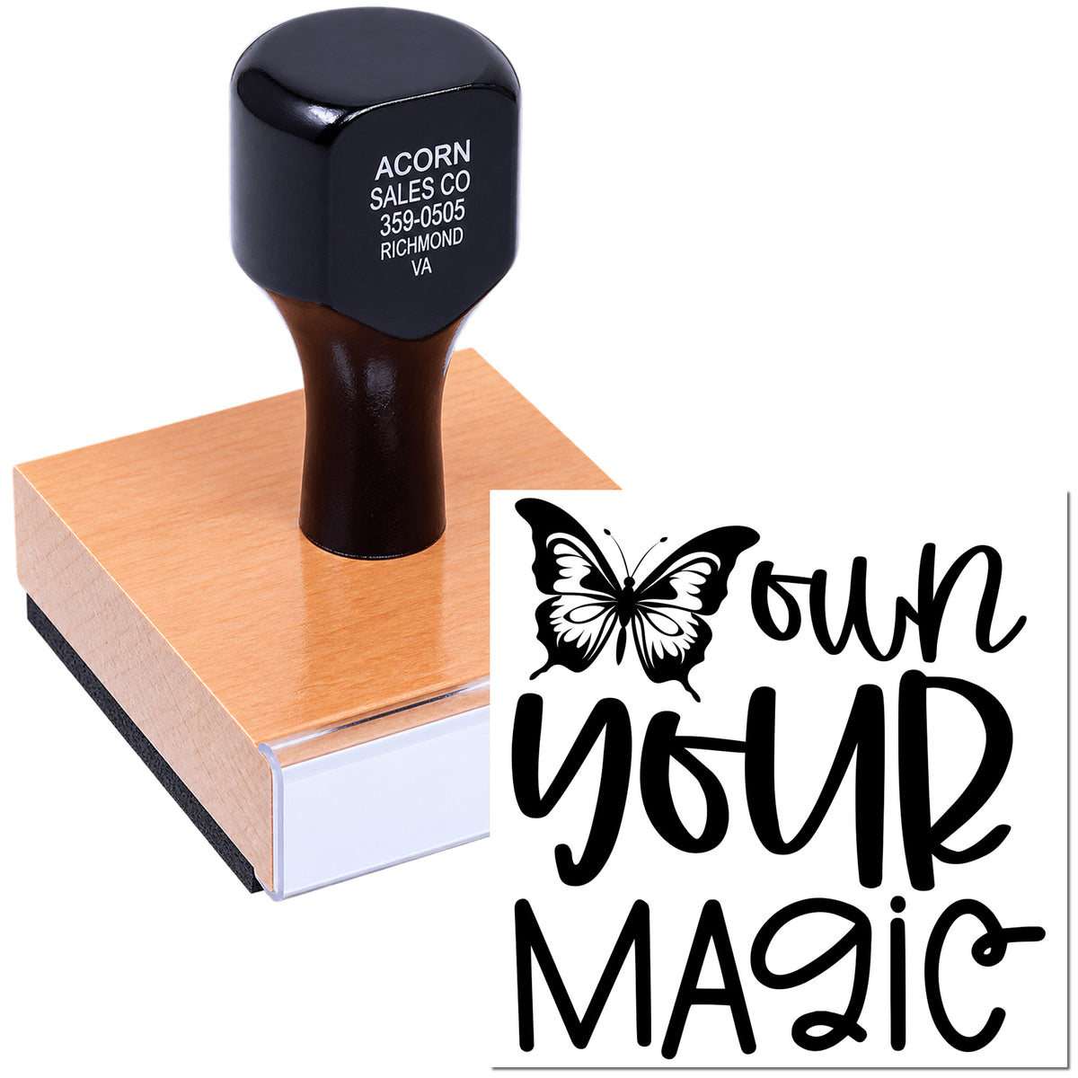 Custom rubber stamp with butterfly and Your Magic design for handmade branding, crafts, and packaging.