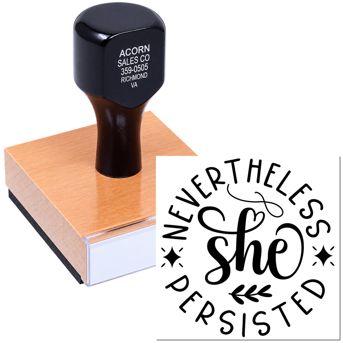 Custom rubber stamp featuring Nevertheless She Persisted design for motivational crafts, branding, and paper goods.