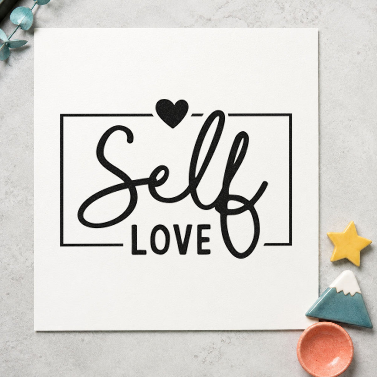 Self Love Framed Heart rubber stamp printed in black ink, ready for top heart cards and similar paper crafts.
