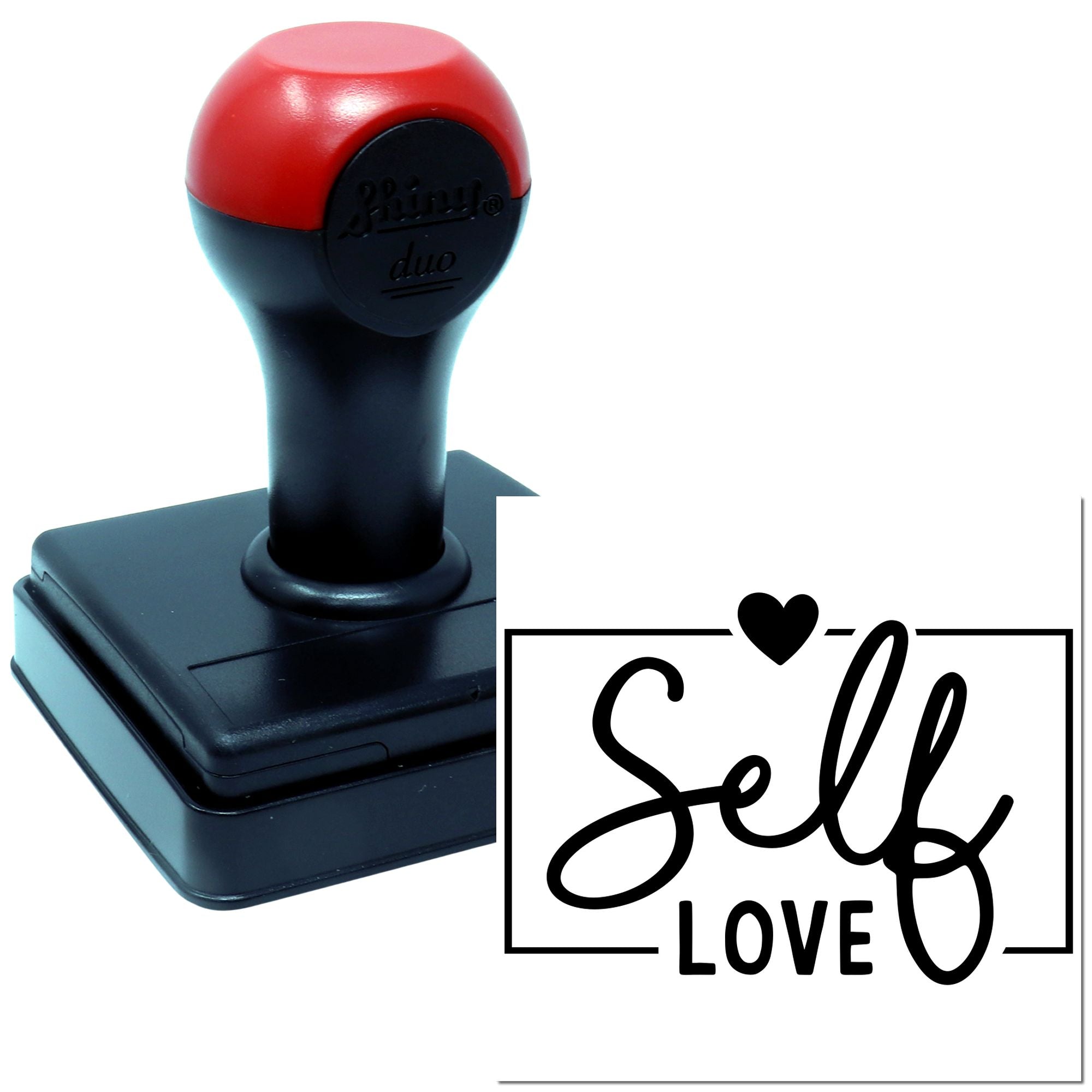 Self-love self-inking rubber stamp with heart design and bold script for crafts, planners, and handmade gifts.