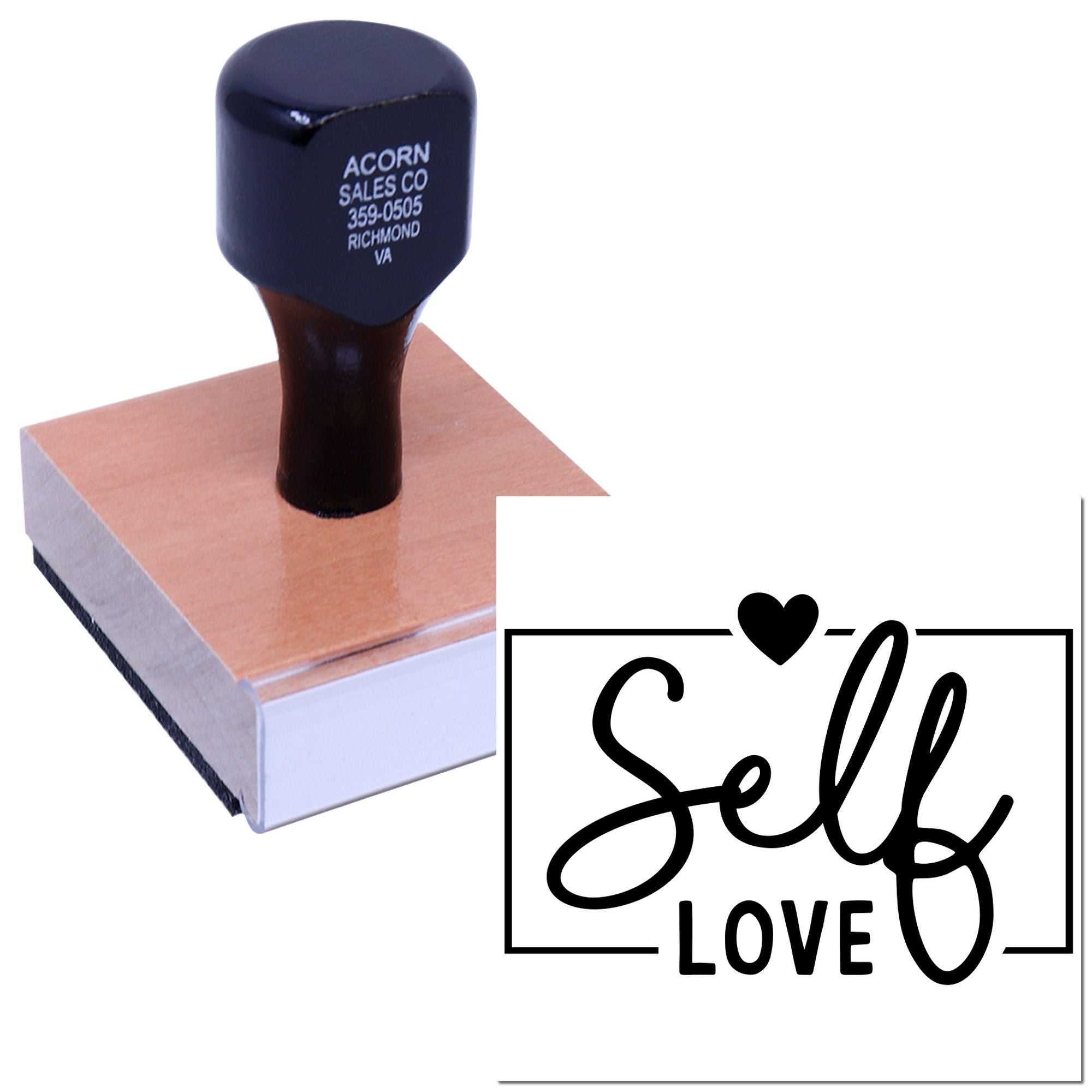 Custom rubber stamp showing a Sell Love design and business address imprint for branding.