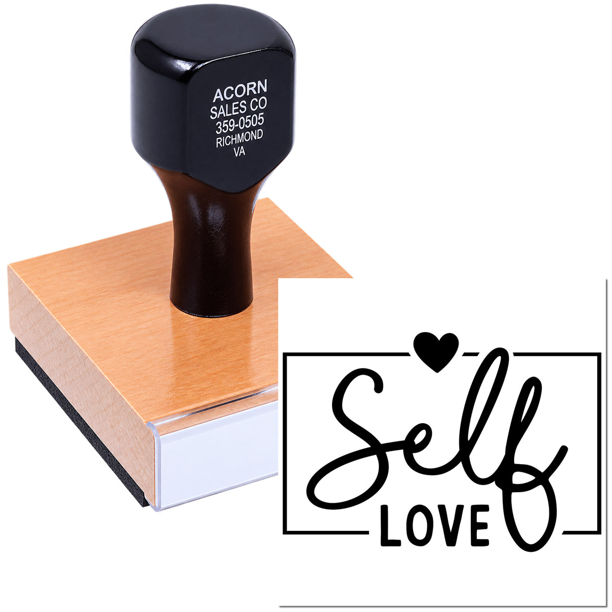 Custom rubber stamp showing a Sell Love design and business address imprint for branding.