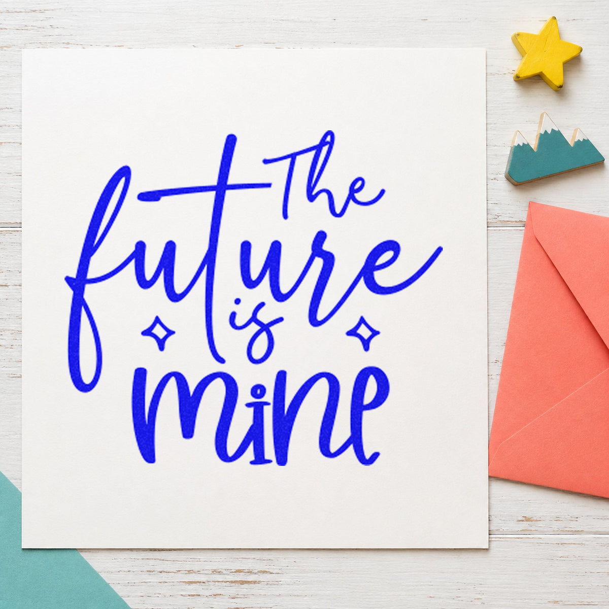 The Future Is Mine craft stamp imprinted in blue ink on paper, a design suited to framed front hall.