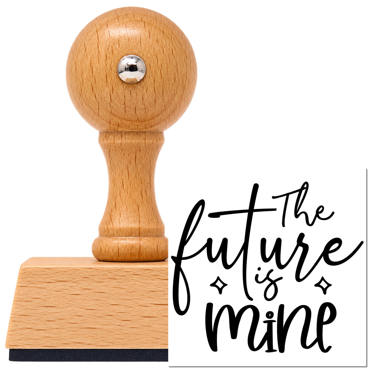 The Future Is Mine Vintage Pro rubber stamp in European beech wood with a round knob handle, shown beside its black imprint.
